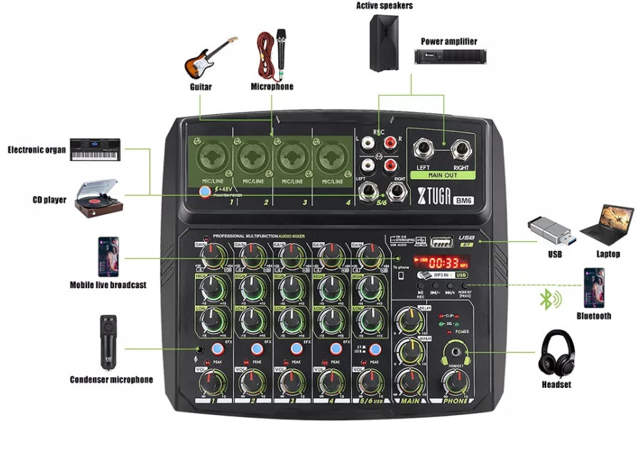 XTUGA BM6 6 Chanel Audio mixer Live Broadcast Mixing Console for DJ Stage/Broadcast