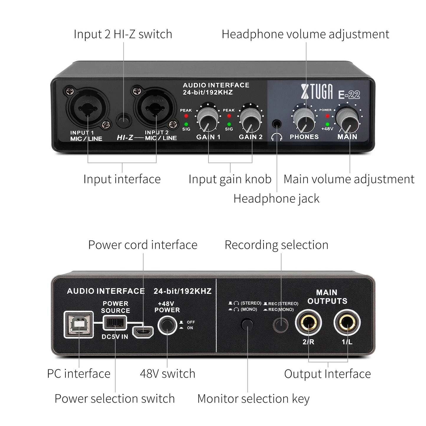 XTUGA E22 Stereo Mono USB Recording Sound Card High Audio Resolution Sound Monitoring 48V Power Driver Installation Use For Microphone Electric Guitar Studio Vocal Recording Audio interface for guitar bass Sound card 2 channel mixer VMI Direct