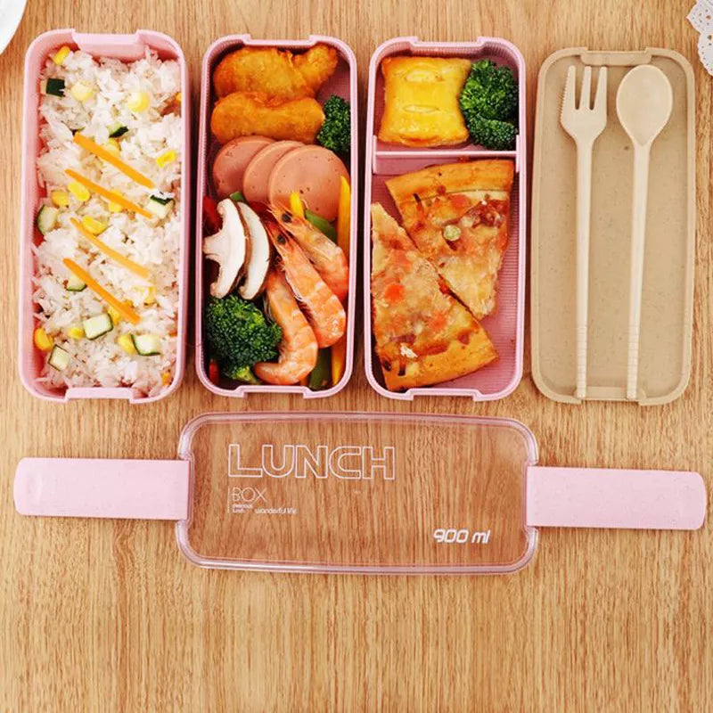 Eco-friendly & Leakproof 100% Food Grade Material Wheat Straw 3 Layers Lunch Box 900ml microwavable with spoon and fork