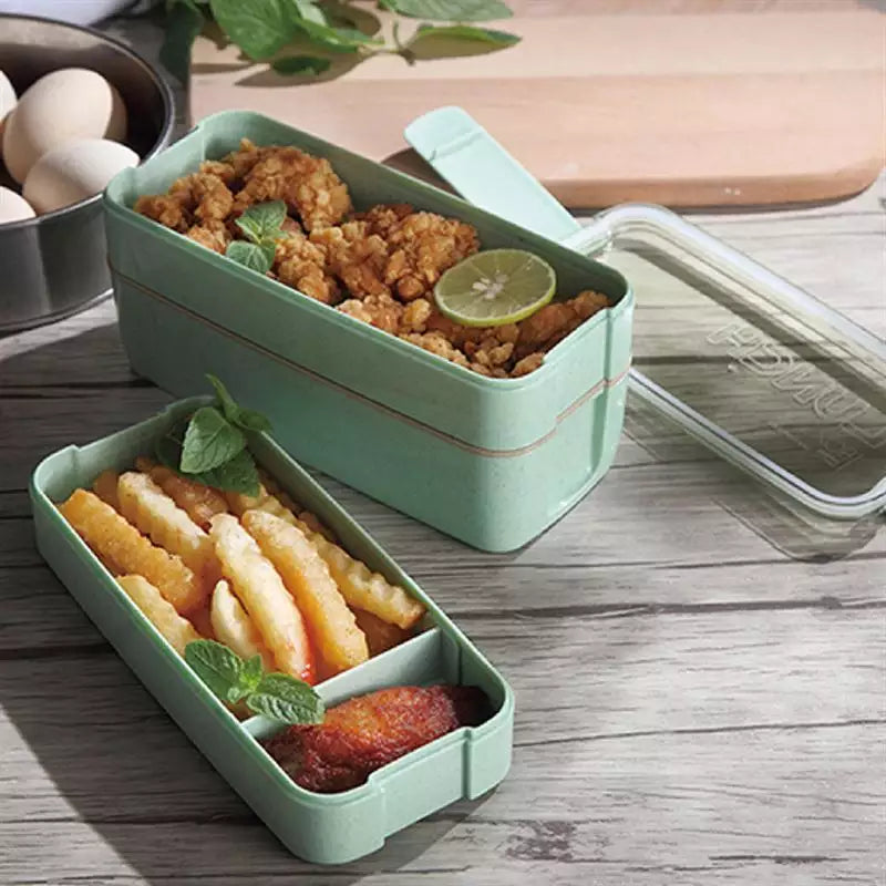 Eco-friendly & Leakproof 100% Food Grade Material Wheat Straw 3 Layers Lunch Box 900ml microwavable with spoon and fork