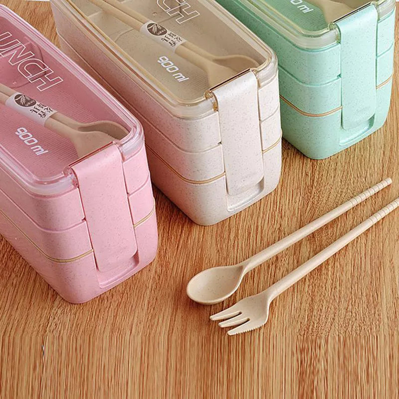 Eco-friendly & Leakproof 100% Food Grade Material Wheat Straw 3 Layers Lunch Box 900ml microwavable with spoon and fork