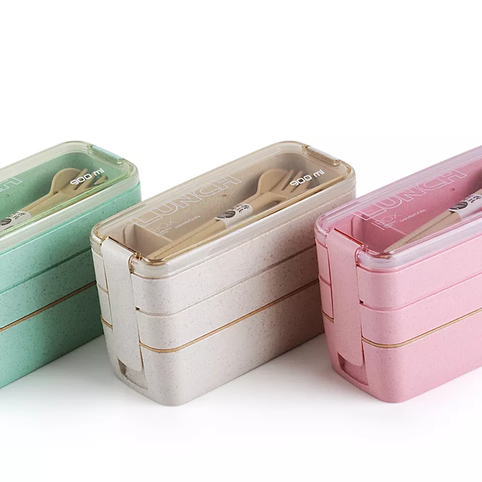 Eco-friendly & Leakproof 100% Food Grade Material Wheat Straw 3 Layers Lunch Box 900ml microwavable with spoon and fork