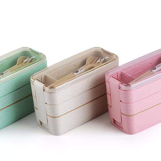 Eco-friendly & Leakproof 100% Food Grade Material Wheat Straw 3 Layers Lunch Box 900ml microwavable with spoon and fork