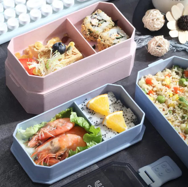 Portable wheat straw rectangular flat lid container plastic tiffin bento lunch box 2 layers 850ml