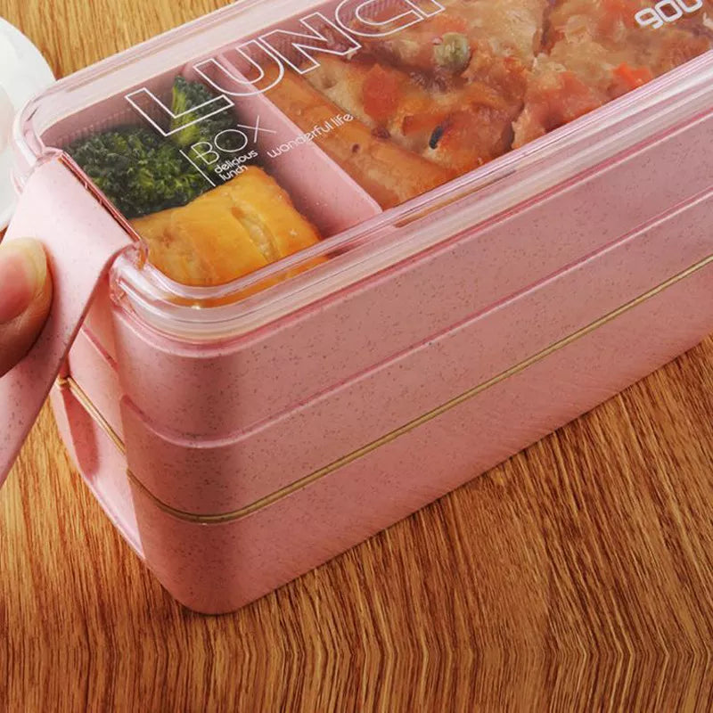 Eco-friendly & Leakproof 100% Food Grade Material Wheat Straw 3 Layers Lunch Box 900ml microwavable with spoon and fork