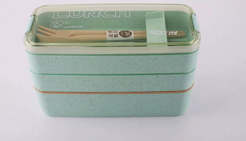 Eco-friendly & Leakproof 100% Food Grade Material Wheat Straw 3 Layers Lunch Box 900ml microwavable with spoon and fork