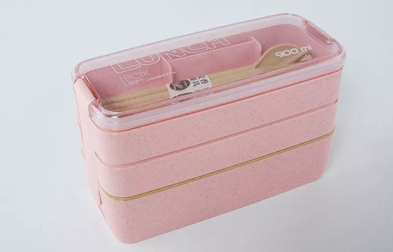 Eco-friendly & Leakproof 100% Food Grade Material Wheat Straw 3 Layers Lunch Box 900ml microwavable with spoon and fork