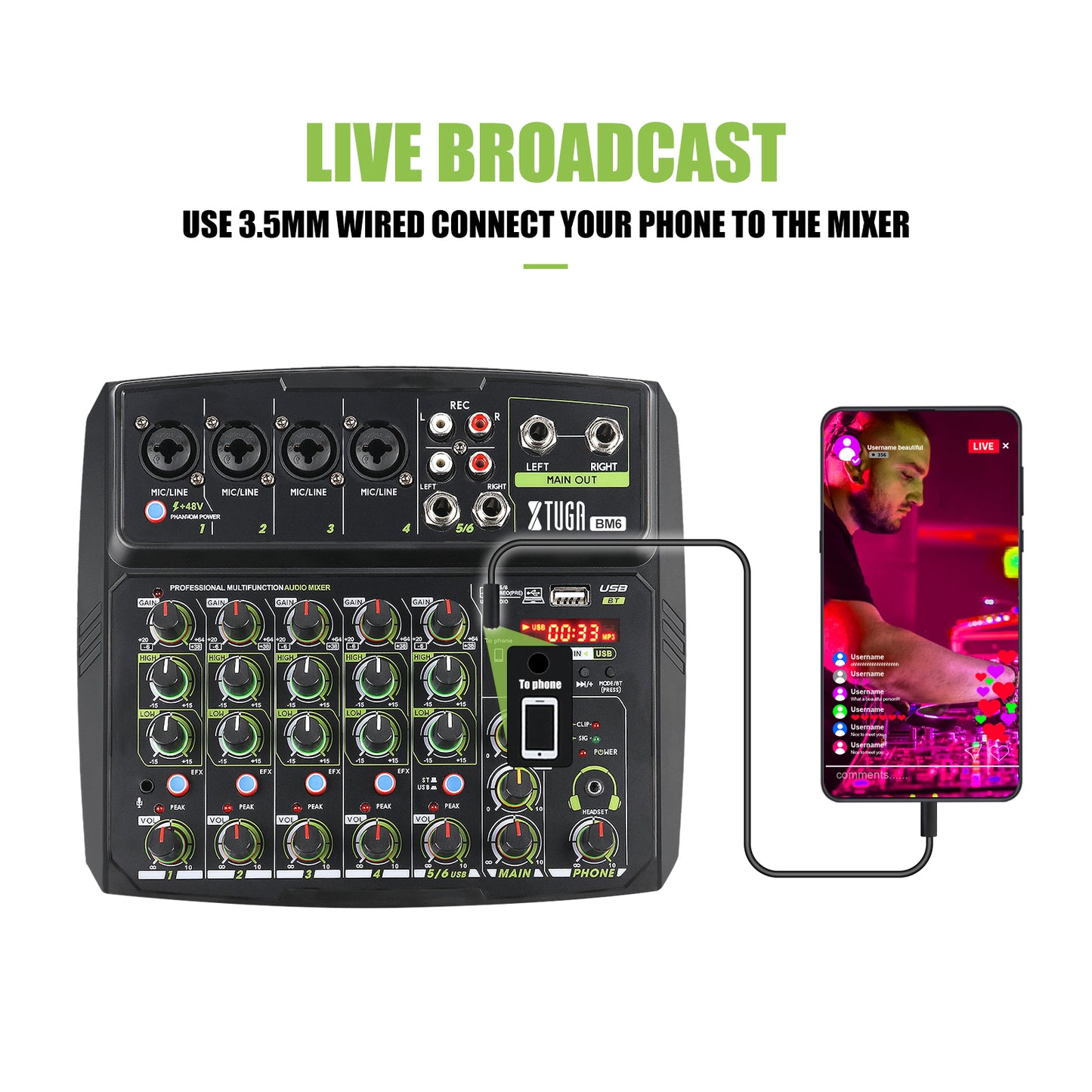 XTUGA BM6 6 Chanel Audio mixer Live Broadcast Mixing Console for DJ Stage/Broadcast