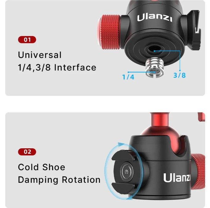 Ulanzi U-70 Metal Cold Shoe Tripod Ball Head Spherical Bracket with Quick Release Plate Double Panoramic Tripod Head for DSLR Camera Vlog Tripod Bracket Photography Mini Ball Head Dual 360° Panorama Adjusting Compatible with Arca-Swiss Peak - VMI Direct