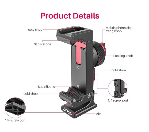 Ulanzi ST-27 Ironman IV Smartphone Clip Metal Phone Clip Tripod Mount For Smartphones Cold Shoe Arca 360°Rotatable Tripod Mount Clip For Vlog Photography Full Metal Rich Expansion Horizontal and Vertical Adjustable Phone Holder Clamp Manual Control - VMI