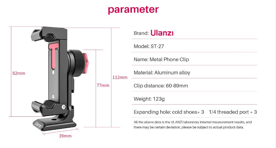 Ulanzi ST-27 Ironman IV Smartphone Clip Metal Phone Clip Tripod Mount For Smartphones Cold Shoe Arca 360°Rotatable Tripod Mount Clip For Vlog Photography Full Metal Rich Expansion Horizontal and Vertical Adjustable Phone Holder Clamp Manual Control - VMI