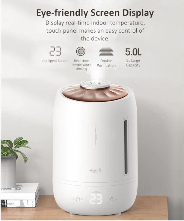 Deerma F600 Ultrasonic Humidifier 5L Three Gear Touch Temperature Intelligent Mist Maker Timing Function Ultrasonic Humidifier Touch Version Air Purifying  Safe Automatic Shutdown Mode, With LED VMI