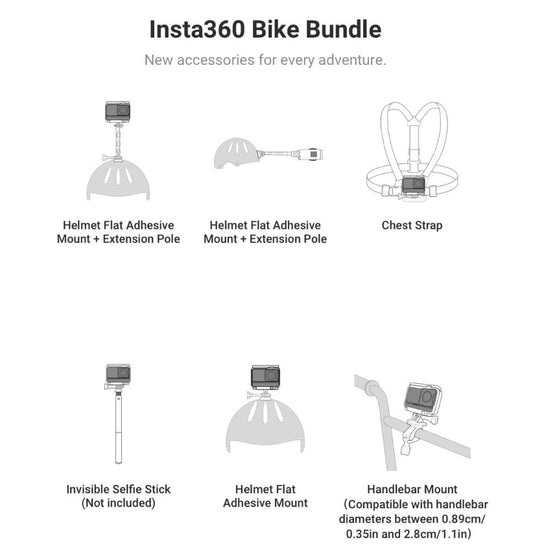 INSTA360 BIKE BUNDLE (Helmet Flat Adhesive Mount (including extension pole), Chest Strap and Handlebar Mount) Compatible with GO 2,ONE X2, ONE X3, ONE R,ONE X  Multi-Function Cycling Mountain Biking For Insta360 Video Camera Accessories - VMI DIRECT