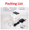 A6 Bluetooth Thermal Waybill Printer with USB cable, power adapter, and label sticker included in packing list