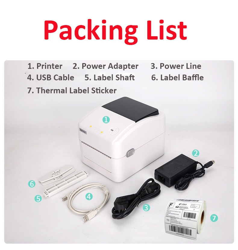 A6 Bluetooth Thermal Waybill Printer with USB cable, power adapter, and label sticker included in packing list