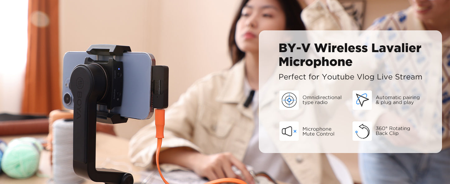 Boya V2 Ultracompact 2.4GHz Wireless Microphone System 2 Transmitter 1 Receiver |Noise Reduction Lightweight Portable Lapel  - VMI Direct