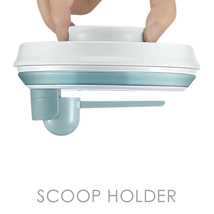 Airtight milk powder storage container with a scoop holder for easy access and convenience