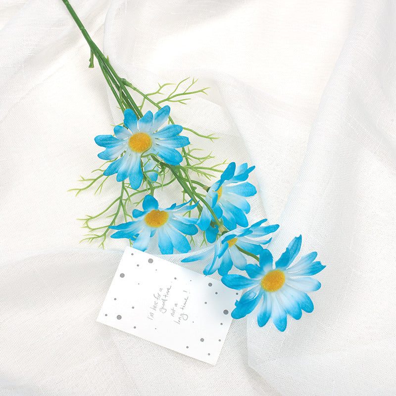 VMIDirect Artificial Flowers Silk Blue Daisies with Greenery and Note on White Fabric