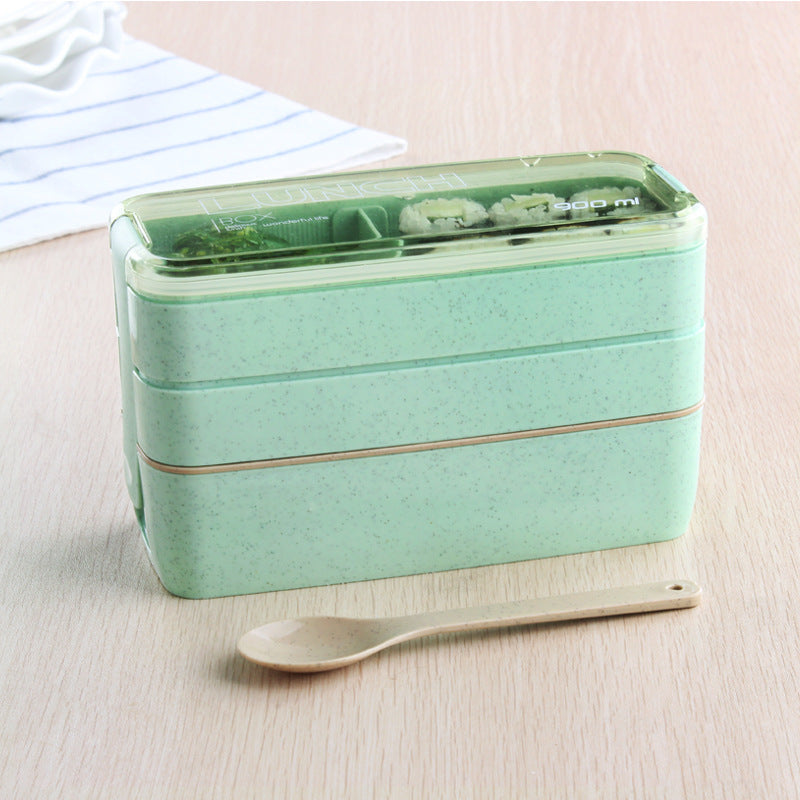 Eco-friendly & Leakproof 100% Food Grade Material Wheat Straw 3 Layers Lunch Box 900ml microwavable with spoon and fork