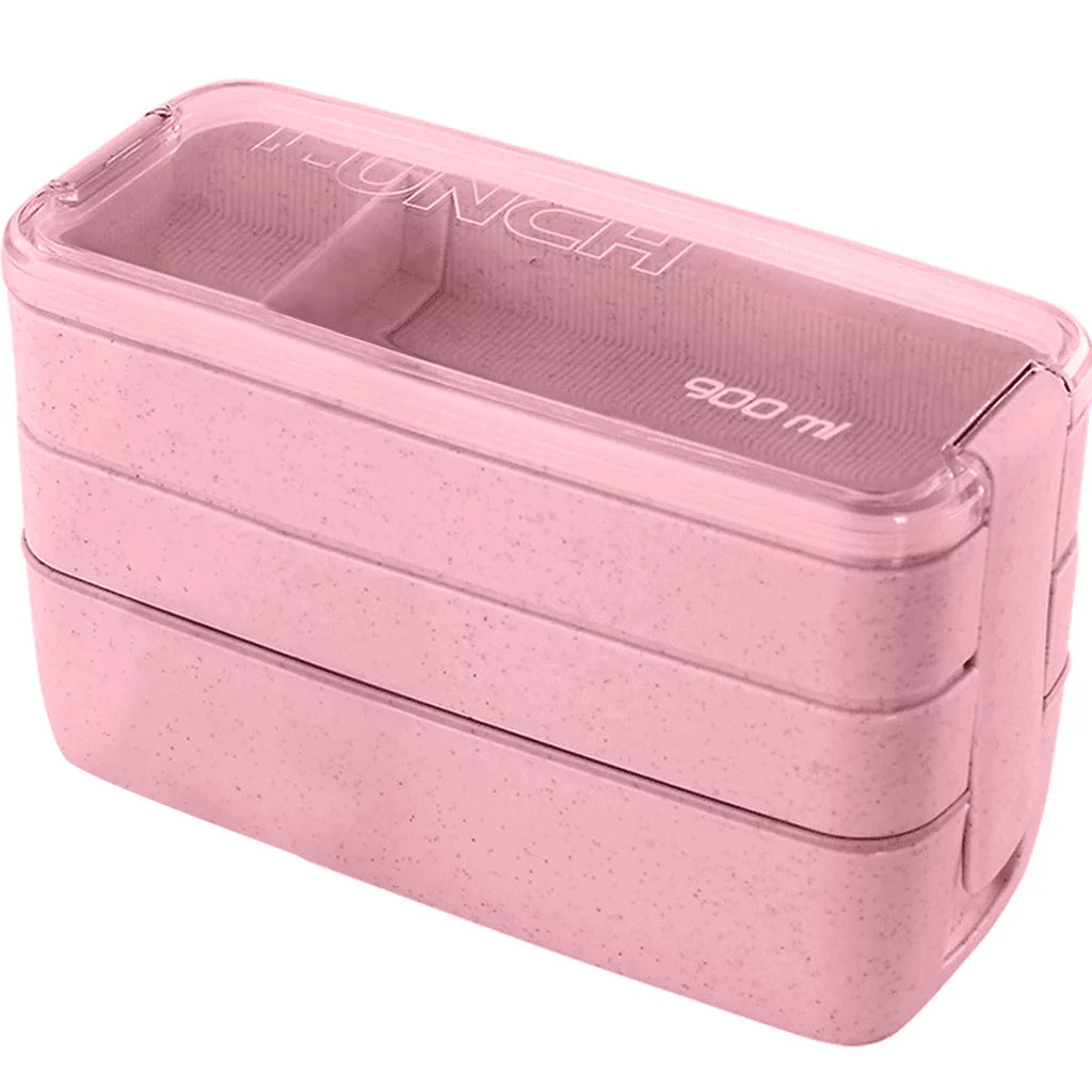 Eco-friendly & Leakproof 100% Food Grade Material Wheat Straw 3 Layers Lunch Box 900ml microwavable with spoon and fork