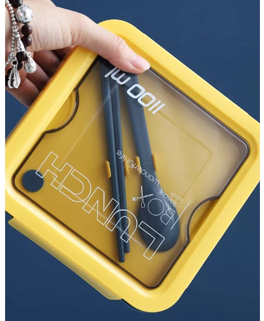 VMIDirect 1100ml Plastic Bento Lunch Box in yellow with chopsticks and lid for meals on the go