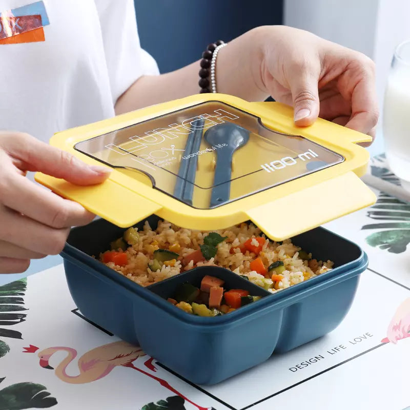 1100ml Plastic Bento Lunch Box with a clear lid and colorful meal compartments for easy packing