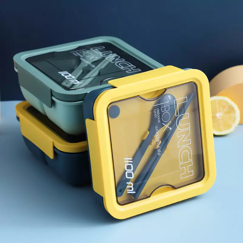 1100ml Plastic Bento Lunch Box with a Yellow Lid and Blue Base for convenient meal storage