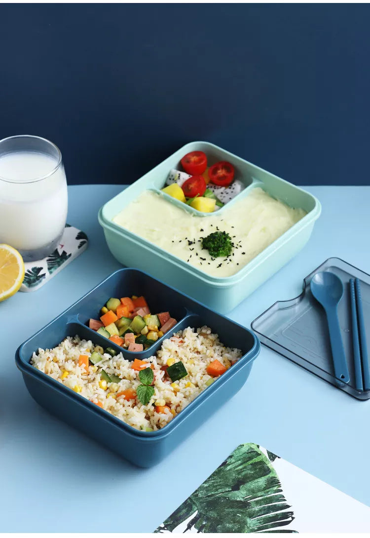 1100ml Plastic Bento Lunch Box with divided sections for rice, vegetables, and yogurt