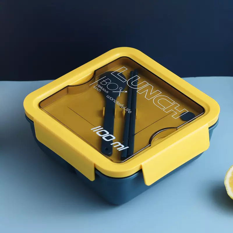 VMIDirect 1100ml Plastic Bento Lunch Box with Yellow and Gray Design and Included Cutlery