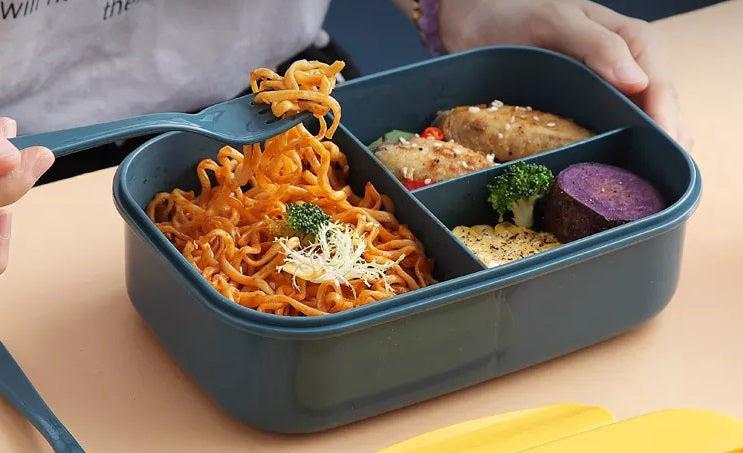 VMIDirect 2-Compartment Plastic Bento Lunch Box with noodles and vegetables for convenient meal packing