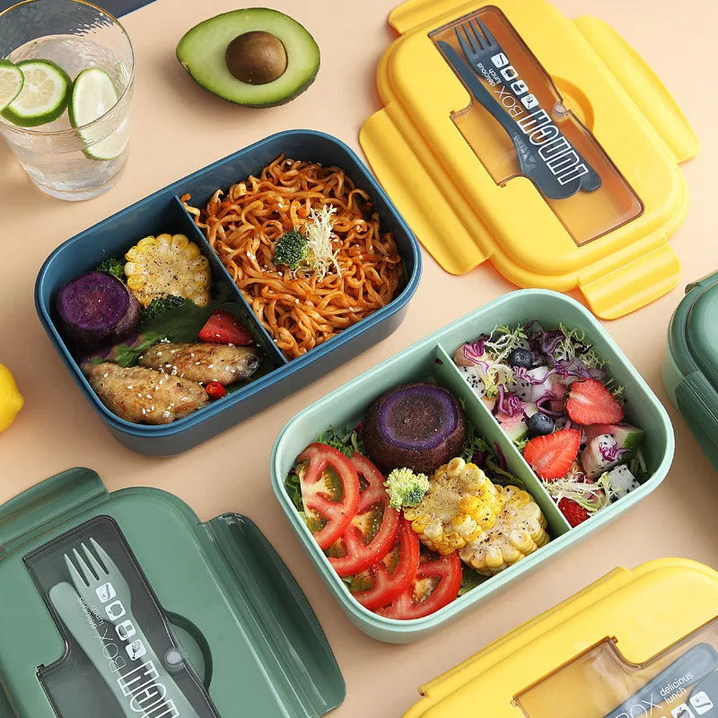 Colorful 2-Compartment Plastic Bento Lunch Box with healthy meal options and lid