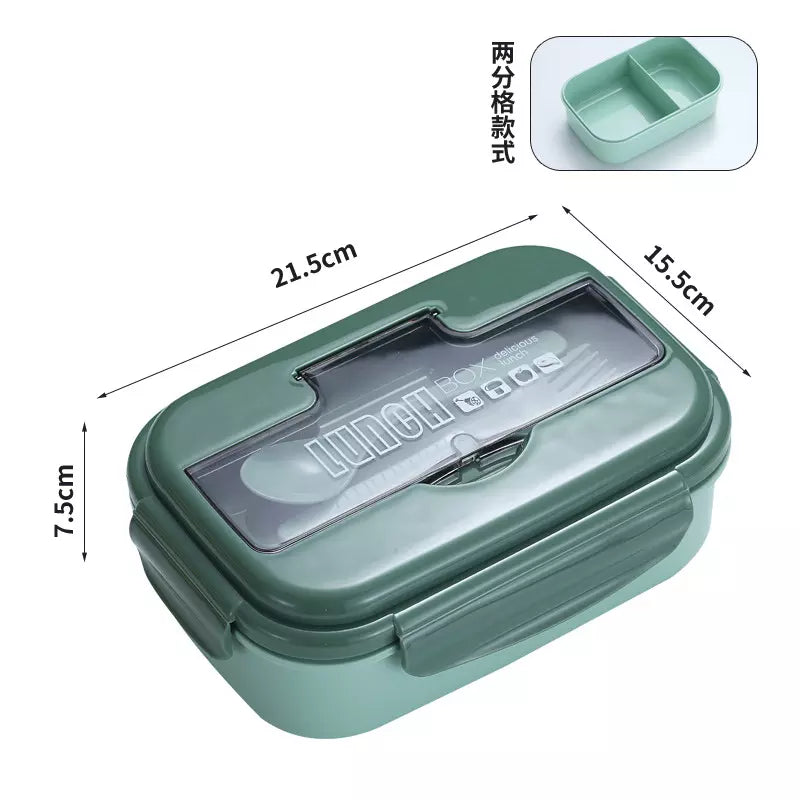 2-Compartment Plastic Bento Lunch Box in green with a secure lid and convenient size for meals