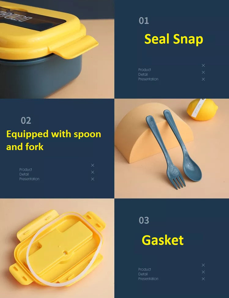 VMIDirect 2-Compartment Plastic Bento Lunch Box with spoon and fork, featuring a seal snap and gasket design