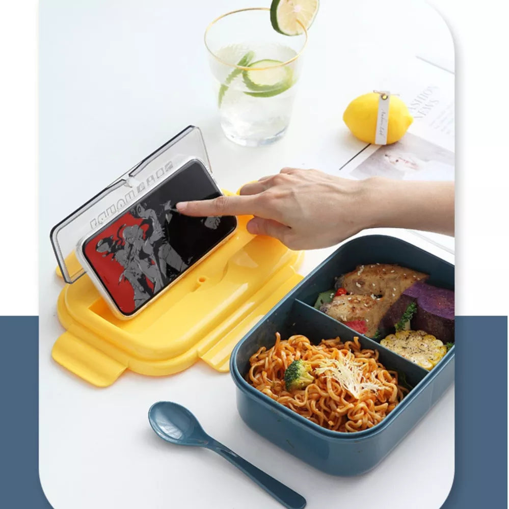 2-Compartment Plastic Bento Lunch Box with phone holder and colorful food compartments