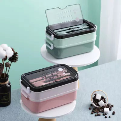VMIDirect bento lunch box in green and pink with lid and utensils for convenient meal storage