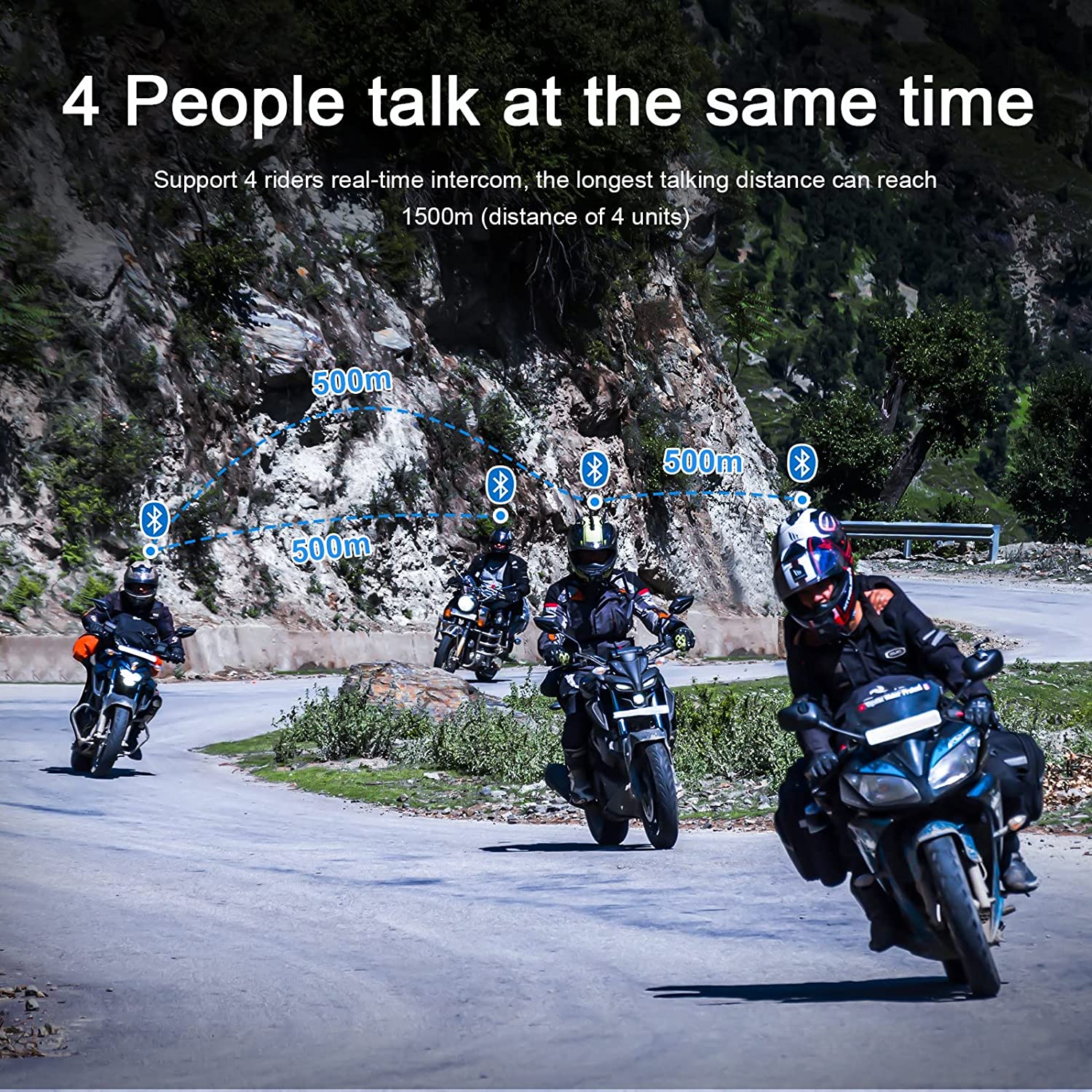 Bluetooth Motorcycle Helmet Intercom Headset enabling 4 riders to communicate up to 1500m distance while riding
