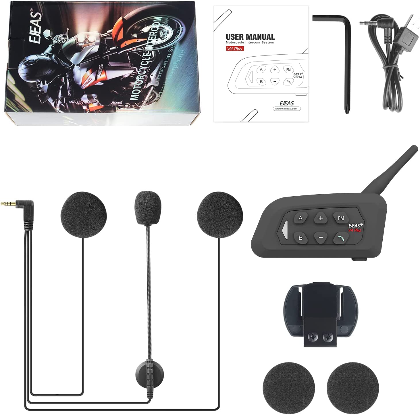 VMIDirect Bluetooth Motorcycle Helmet Intercom Headset with various accessories for easy installation and use