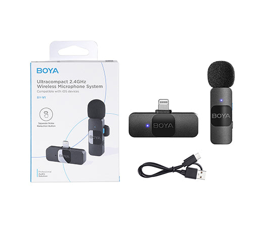 BOYA mini wireless lavalier microphone system with receiver, mic, and USB charging cable showcased in packaging