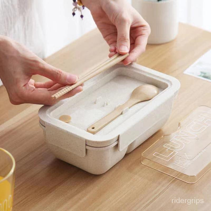 Wheat straw microwave safe student rectangular buckle sealed portable lunch box 850ml with cutlery