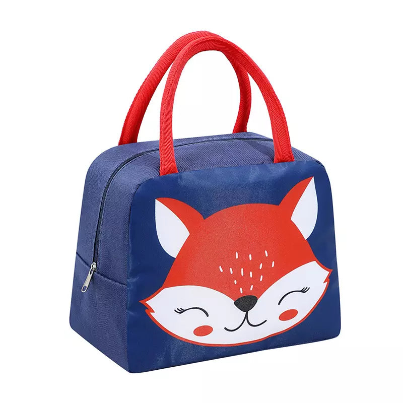 Cute Insulated Thermal Lunch Bag featuring a cheerful fox design with red and blue colors