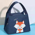 Cute Insulated Thermal Lunch Bag in navy blue featuring a cartoon fox design with the text Hello