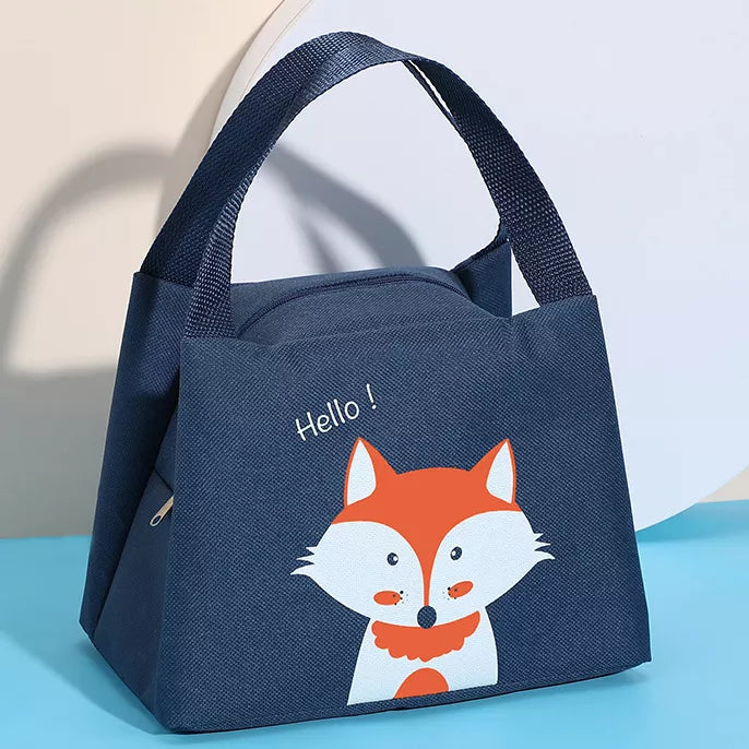 Cute Insulated Thermal Lunch Bag in navy blue featuring a cartoon fox design with the text Hello