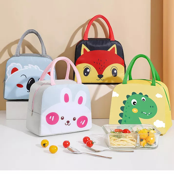 Cute Insulated Thermal Lunch Bag set featuring adorable animal designs for kids' lunches.