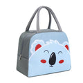 Cute Insulated Thermal Lunch Bag featuring a gray koala design with a smiling face and sturdy handles