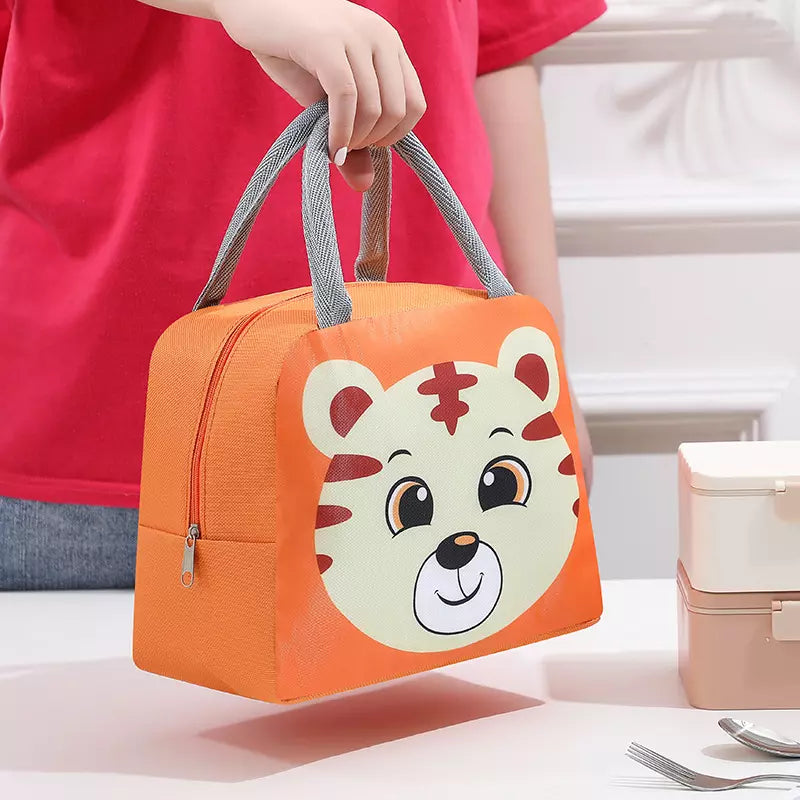 Cute Insulated Thermal Lunch Bag in Orange with Adorable Tiger Face Design for Kids