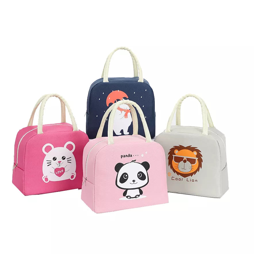 Cute Insulated Thermal Lunch Bag collection featuring panda, lion, and mouse designs for kids