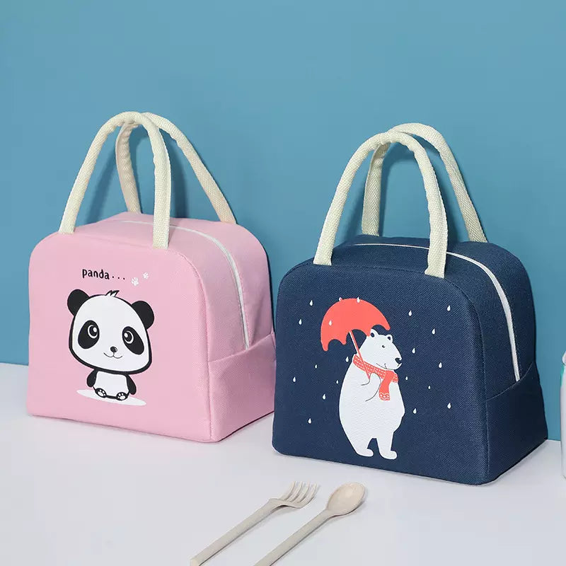 Cute Insulated Thermal Lunch Bag set featuring pink panda and navy bear designs for kids