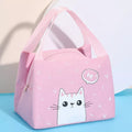 Cute Insulated Thermal Lunch Bag in pink with adorable cat design and handles for easy carrying