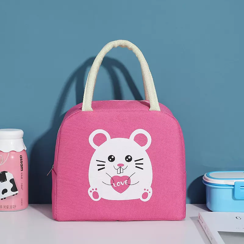 Cute Insulated Thermal Lunch Bag in Pink with Adorable Mouse Design and Comfortable Handles