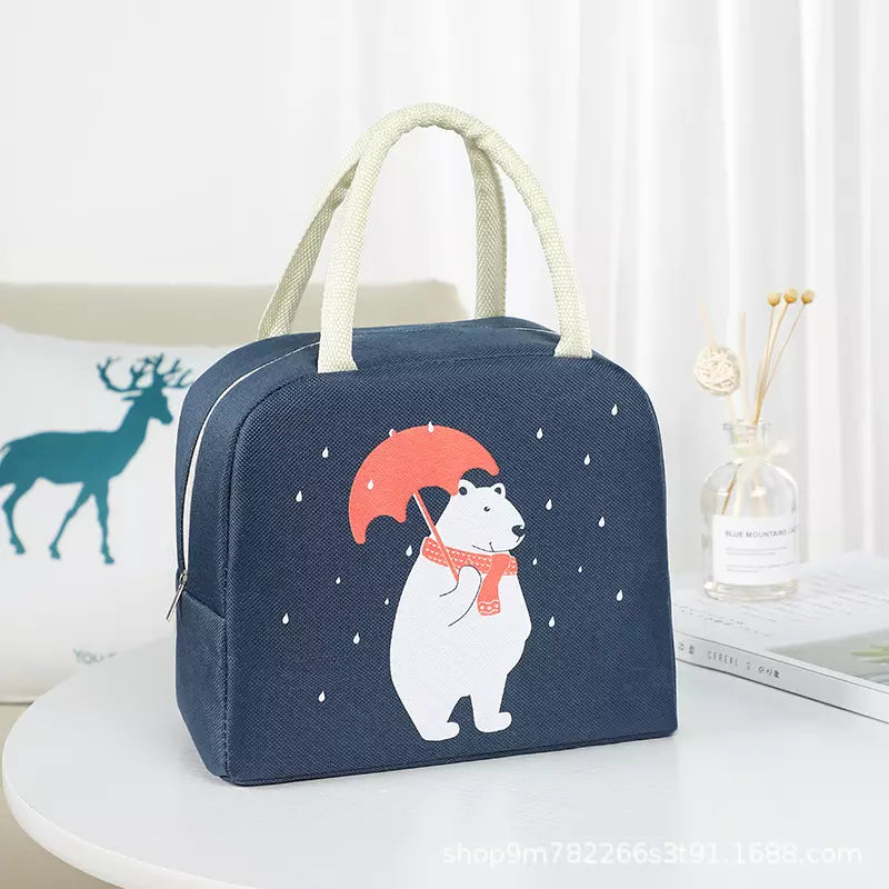 Cute Insulated Thermal Lunch Bag featuring a bear with an umbrella design, perfect for stylish lunches